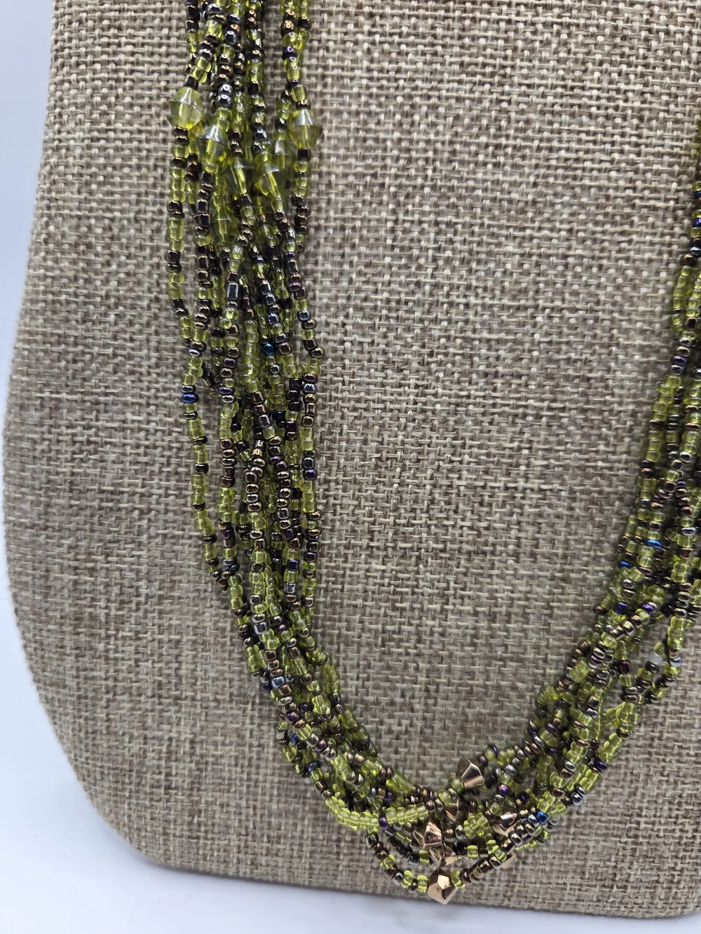 1599. Vintage Multi-Strand Olive Green Beaded Women's Necklace